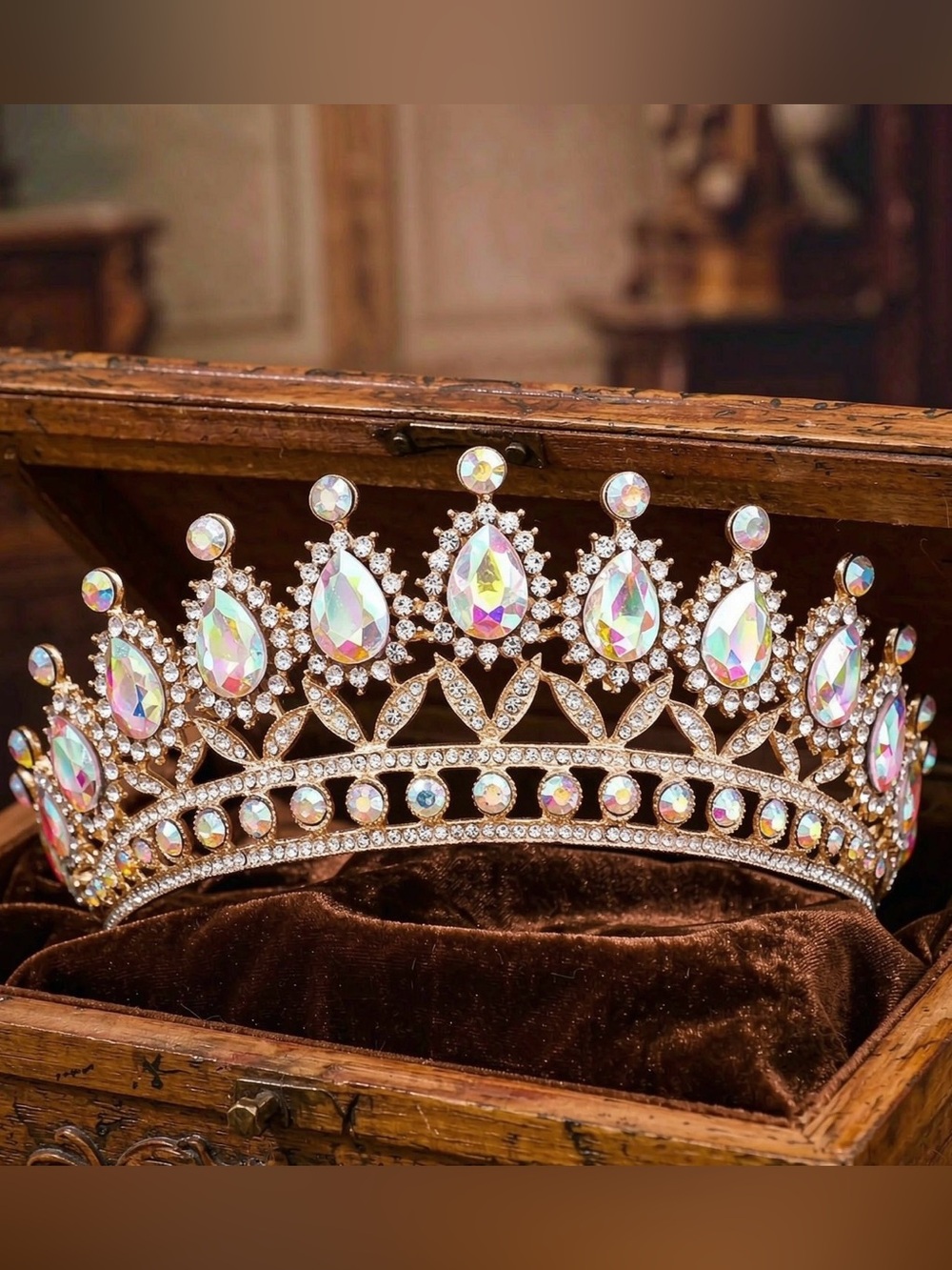Crystal Teardrop Tiara - Iridescent Bridal Crown
